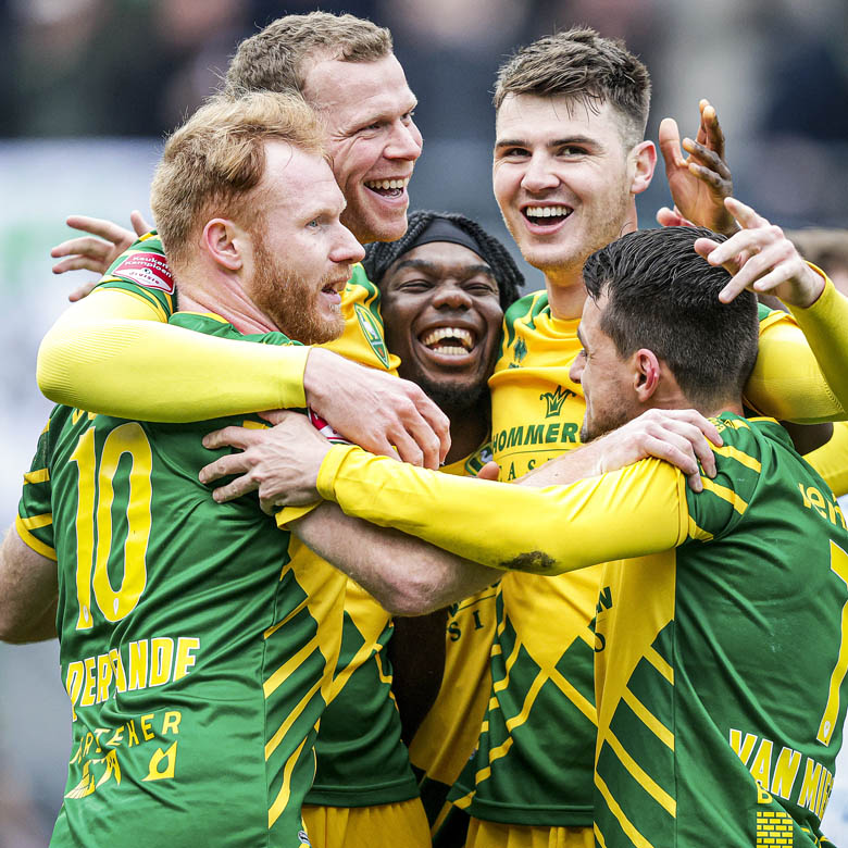 *Jort van der Sande* of ADO Den Haag, *Henk Veerman* of ADO Den Haag, *Joel Ideho* of ADO Den Haag, *Jari Vlak* of ADO Den Haag, *Daryl van Mieghem* of ADO Den Haag, *Matteo Waem* of ADO Den Haag, *Tyrese Asante* of ADO Den Haag celebrate 1-0