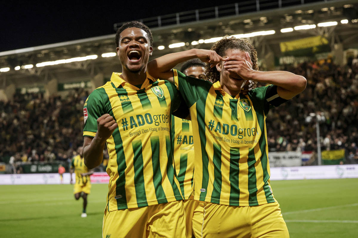 *Illajh de Ruijter* of ADO Den Haag celebrates 2-0 with *Nigel Thomas* of ADO Den Haag