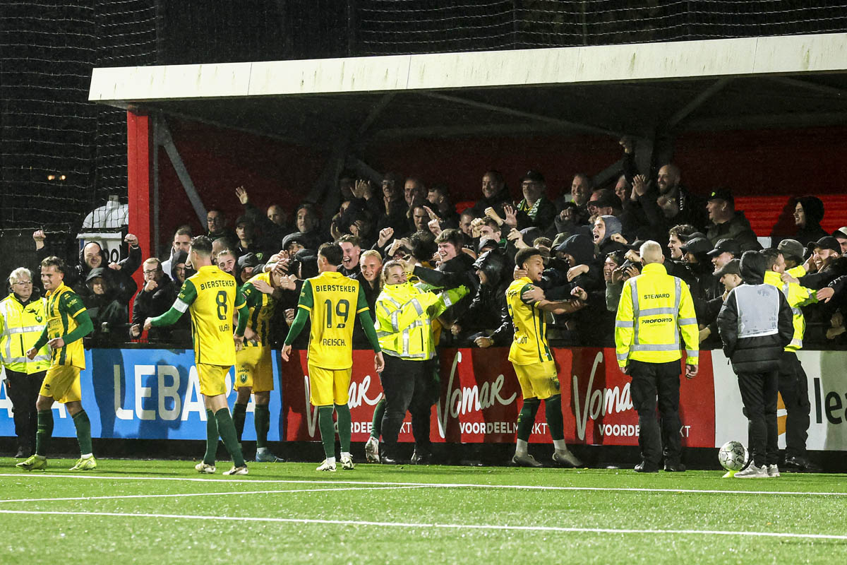 *Cameron Peupion* of ADO Den Haag celebrates 0-4 with *Jari Vlak* of ADO Den Haag, *Luka Reischl* of ADO Den Haag, *Steven van der Sloot* of ADO Den Haag, supporters of ADO Den Haag