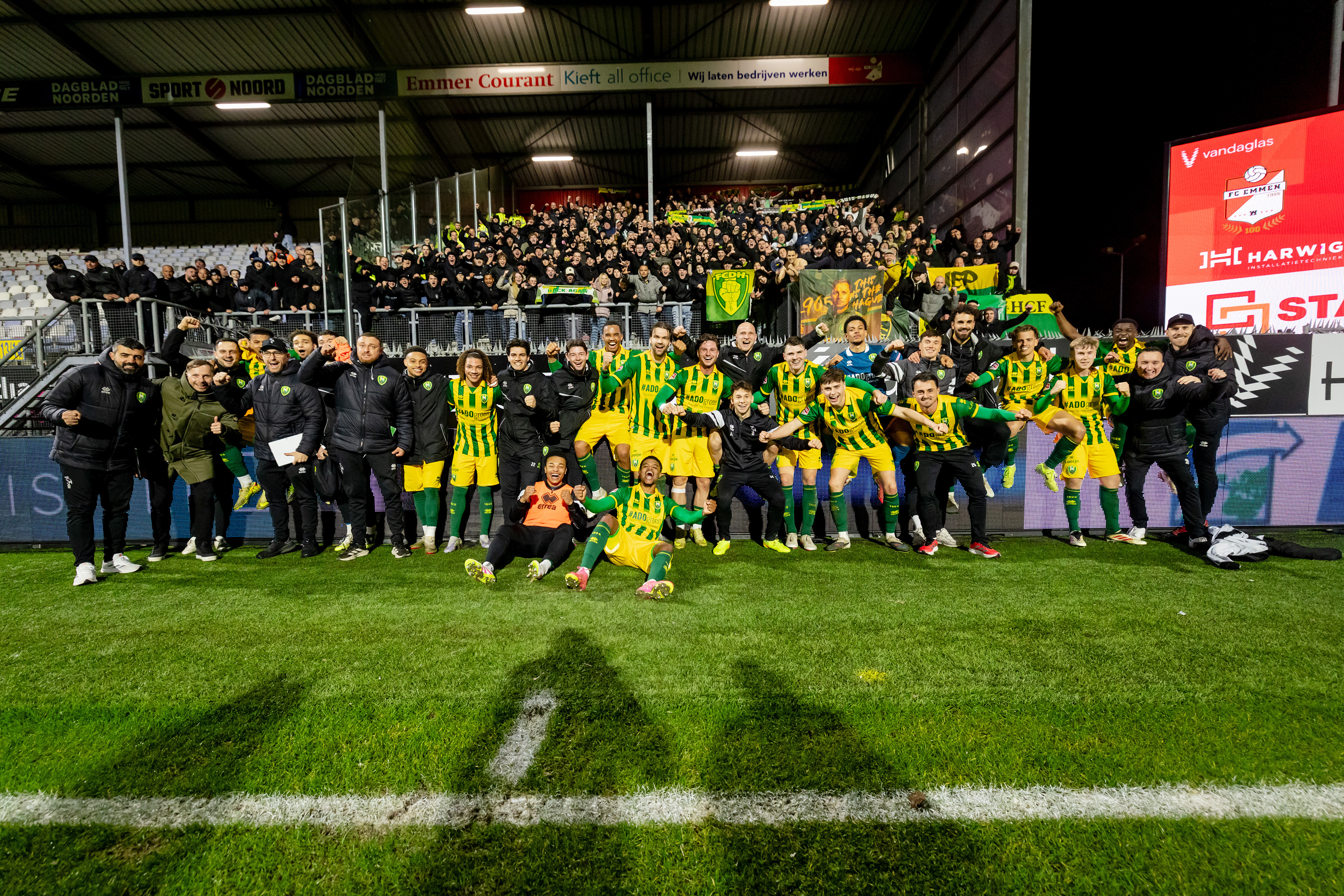Players of ADO Den Haag celebrating the victory with the supporters of ADO Den Haag